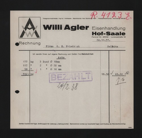 Hof saale fattura - 1937,, willi